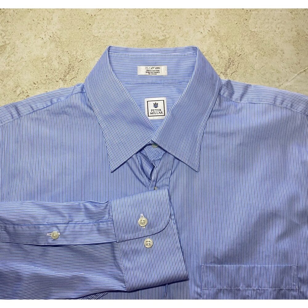 Peter Millar Mens Blue Pinstripe Button-Up Shirt 100% Cotton Long Sleeve Size 16